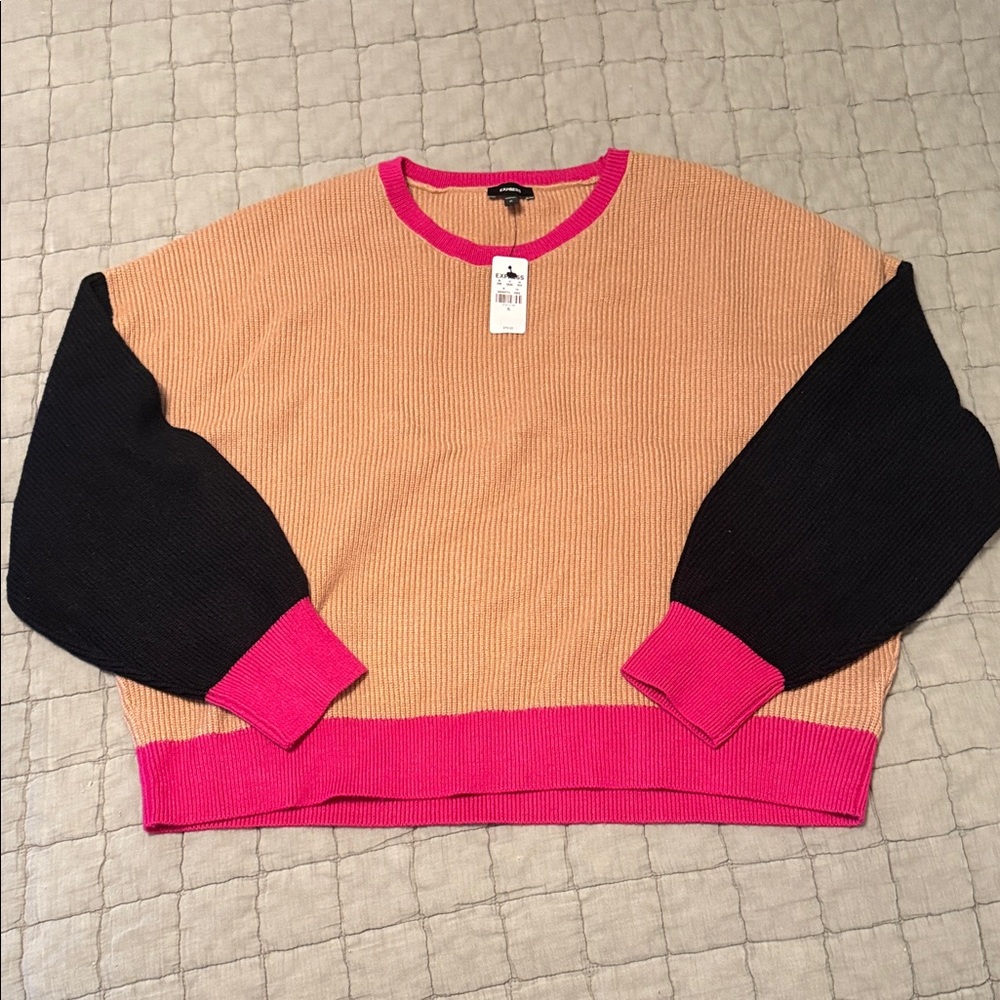 Express Colorblock Sweater in Tan, Pink, and Black